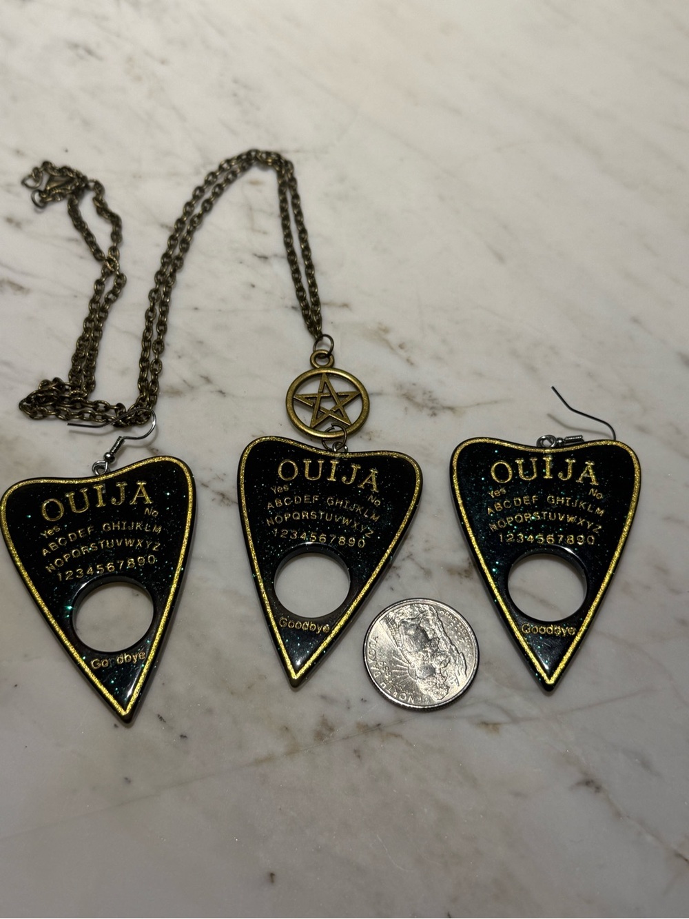 Source Unknown Black and Gold Ouija Planchette Necklace and Earring Set